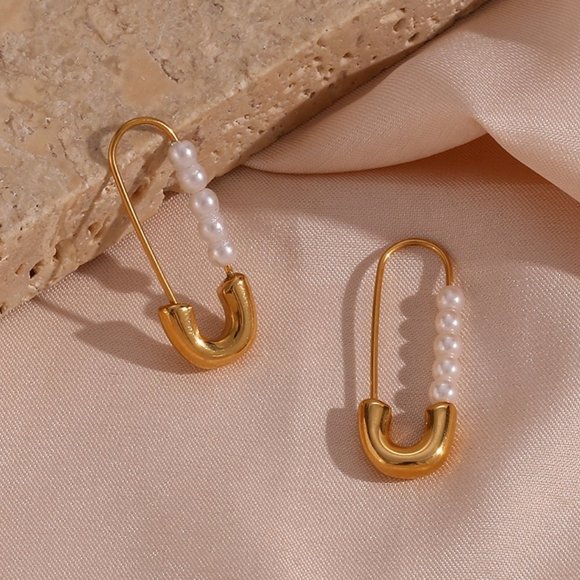 Safety Pin Imitation Pearl Hoop Earrings Paper Clip 18K Gold - Picture 8 of 9